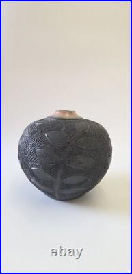 Vintage Jacqui Atkin Leaf Themed Textured Studio Pottery Raku Vase Signed