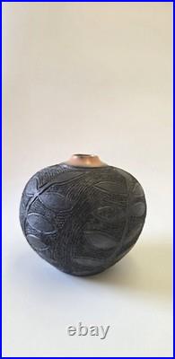 Vintage Jacqui Atkin Leaf Themed Textured Studio Pottery Raku Vase Signed