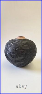 Vintage Jacqui Atkin Leaf Themed Textured Studio Pottery Raku Vase Signed