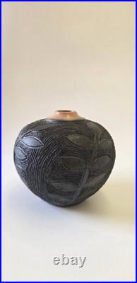 Vintage Jacqui Atkin Leaf Themed Textured Studio Pottery Raku Vase Signed