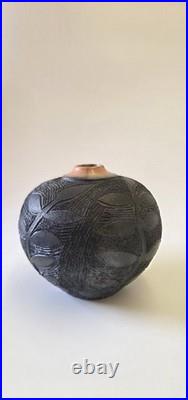Vintage Jacqui Atkin Leaf Themed Textured Studio Pottery Raku Vase Signed Vintage Jacqui Atkin Leaf Themed Textured Studio Pottery Raku Vase Signed