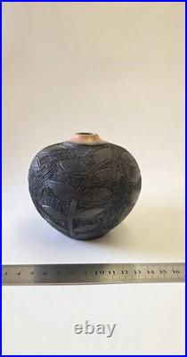 Vintage Jacqui Atkin Leaf Themed Textured Studio Pottery Raku Vase Signed