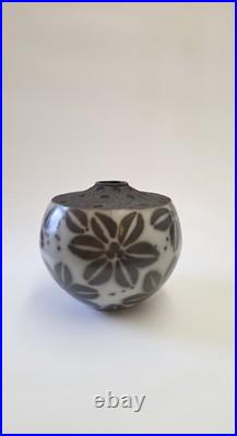 Vintage Jacqui Atkin Textured Studio Pottery Raku Resist Slip Vase Signed
