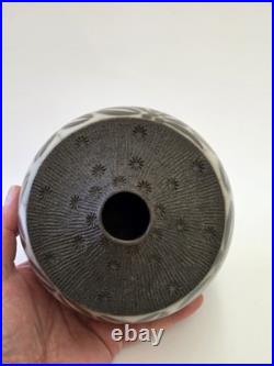 Vintage Jacqui Atkin Textured Studio Pottery Raku Resist Slip Vase Signed