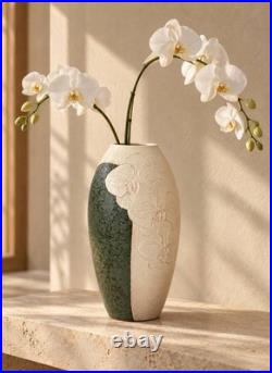 Vintage Japanese Studio Pottery Vase Carved Orchid Green Glaze Signed Wood Box