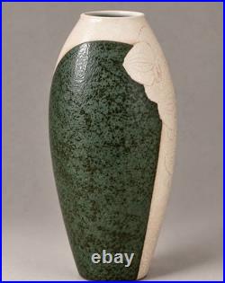 Vintage Japanese Studio Pottery Vase Carved Orchid Green Glaze Signed Wood Box