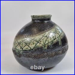 Vintage Japanese Studio Pottery Vase Incised Decoration 19cm High