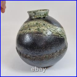 Vintage Japanese Studio Pottery Vase Incised Decoration 19cm High