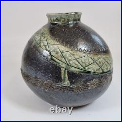 Vintage Japanese Studio Pottery Vase Incised Decoration 19cm High