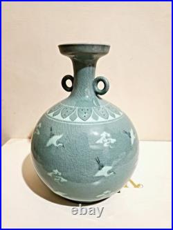 Vintage Korean Celadon Crackle Glaze Vase With Flying Cranes