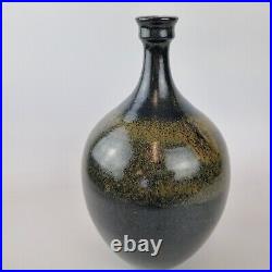 Vintage Large Dark Green Speckled Studio Pottery Vase Bird Mark To Base 30cm