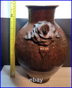 Vintage Large Heavy Studio Art Pottery Vase Brown Sculpted Rose Floral Detail