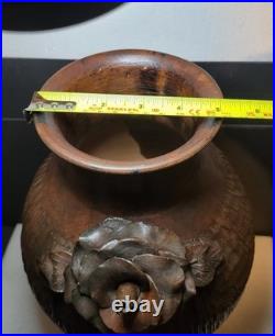 Vintage Large Heavy Studio Art Pottery Vase Brown Sculpted Rose Floral Detail