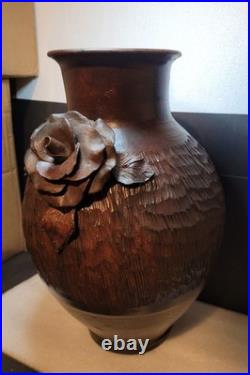 Vintage Large Heavy Studio Art Pottery Vase Brown Sculpted Rose Floral Detail