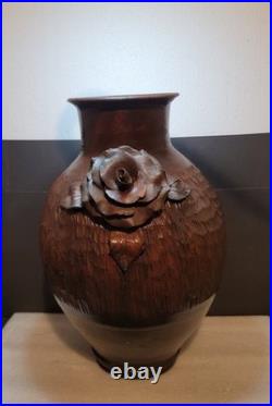 Vintage Large Heavy Studio Art Pottery Vase Brown Sculpted Rose Floral Detail