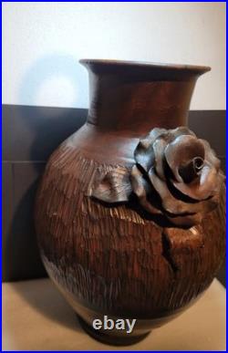 Vintage Large Heavy Studio Art Pottery Vase Brown Sculpted Rose Floral Detail