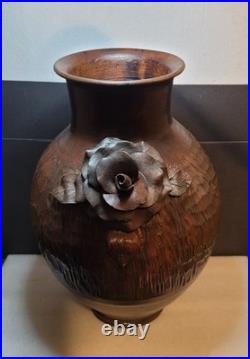 Vintage Large Heavy Studio Art Pottery Vase Brown Sculpted Rose Floral Detail