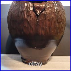 Vintage Large Heavy Studio Art Pottery Vase Brown Sculpted Rose Floral Detail