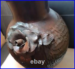 Vintage Large Heavy Studio Art Pottery Vase Brown Sculpted Rose Floral Detail
