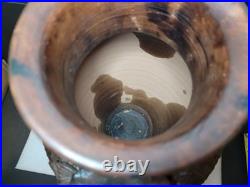 Vintage Large Heavy Studio Art Pottery Vase Brown Sculpted Rose Floral Detail