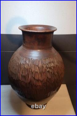Vintage Large Heavy Studio Art Pottery Vase Brown Sculpted Rose Floral Detail