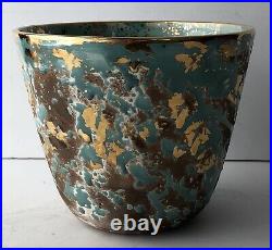 Vintage Mid Century Modern Art Pottery Glazed Planter Vase Teal Gold Signed