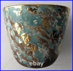 Vintage Mid Century Modern Art Pottery Glazed Planter Vase Teal Gold Signed