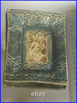 Vintage Portrait Studio Art Pottery Geometric Dish Plate Fired Lady Unmarked