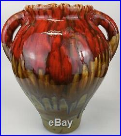 Vintage Red Hand Painted/Drip Glaze Double Handle Ceramic Pottery Urn Vase-SALE
