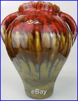Vintage Red Hand Painted/Drip Glaze Double Handle Ceramic Pottery Urn Vase-SALE
