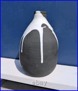 Vintage Retro Black & White Drip Glaze Studio Art Pottery Vase Marked JW Mark