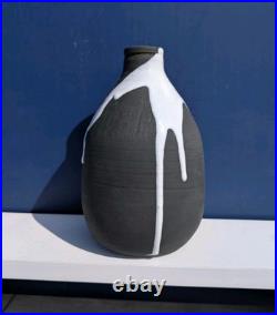 Vintage Retro Black & White Drip Glaze Studio Art Pottery Vase Marked JW Mark