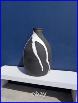 Vintage Retro Black & White Drip Glaze Studio Art Pottery Vase Marked JW Mark