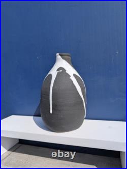 Vintage Retro Black & White Drip Glaze Studio Art Pottery Vase Marked JW Mark
