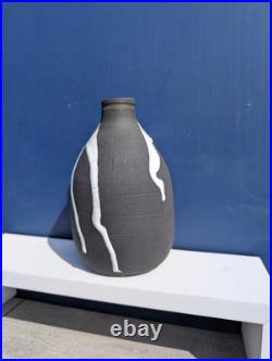 Vintage Retro Black & White Drip Glaze Studio Art Pottery Vase Marked JW Mark