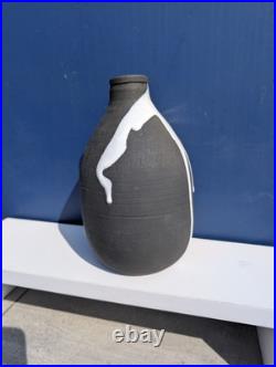 Vintage Retro Black & White Drip Glaze Studio Art Pottery Vase Marked JW Mark