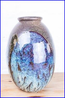 Vintage Retro Mid Century Large Blue and Green Studio Pottery Blue Glazed Vase