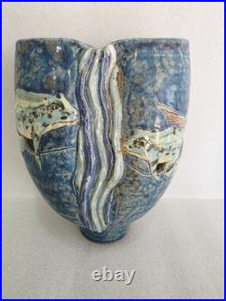 Vintage Roger Cockram Studio Pottery vase with frog fully marked 18 cm x 14 cm