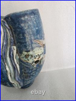Vintage Roger Cockram Studio Pottery vase with frog fully marked 18 cm x 14 cm