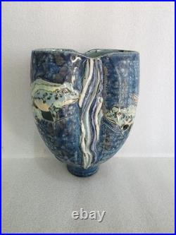 Vintage Roger Cockram Studio Pottery vase with frog fully marked 18 cm x 14 cm