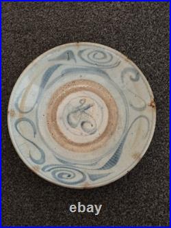 Vintage Studio Pottery Blue & White Hand Painted Plate Charger 30cm Crackle