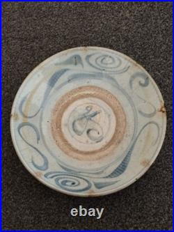 Vintage Studio Pottery Blue & White Hand Painted Plate Charger 30cm Crackle