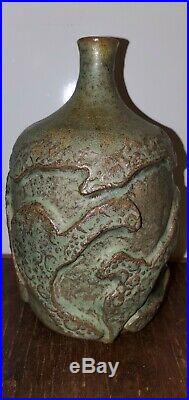 Vintage Studio Pottery Bud Vase Signed Green Glaze