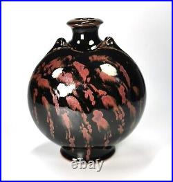 Vintage Studio Pottery Lugged Flask Tenmoku Glazed Iron Oxide Brushwork Signed
