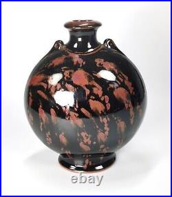 Vintage Studio Pottery Lugged Flask Tenmoku Glazed Iron Oxide Brushwork Signed