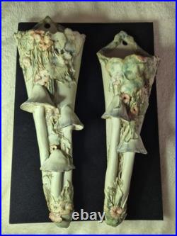 Vintage Studio Pottery Mushroom Toadstool & Flora Wall Vases Pair Slab Built K