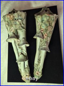 Vintage Studio Pottery Mushroom Toadstool & Flora Wall Vases Pair Slab Built K