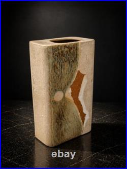 Vintage Studio Pottery Rectangular Vase Abstract Design Signed Ceramic Art