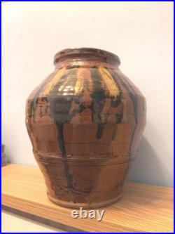Vintage Very Large Terracotta Glazed Drip Glaze Urn Vase