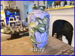 Vintage blue clematis large vase by Valerie and Ken Shelton studio pottery